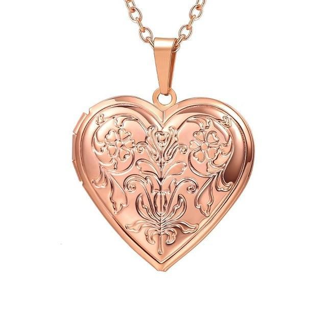 Heart Locket Photo Frame Necklace Pendant Necklaces U 7 Official Store Flower rose gold