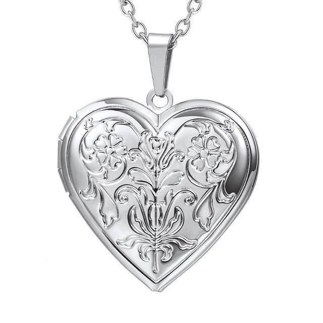 Heart Locket Photo Frame Necklace Pendant Necklaces U 7 Official Store Flower silver