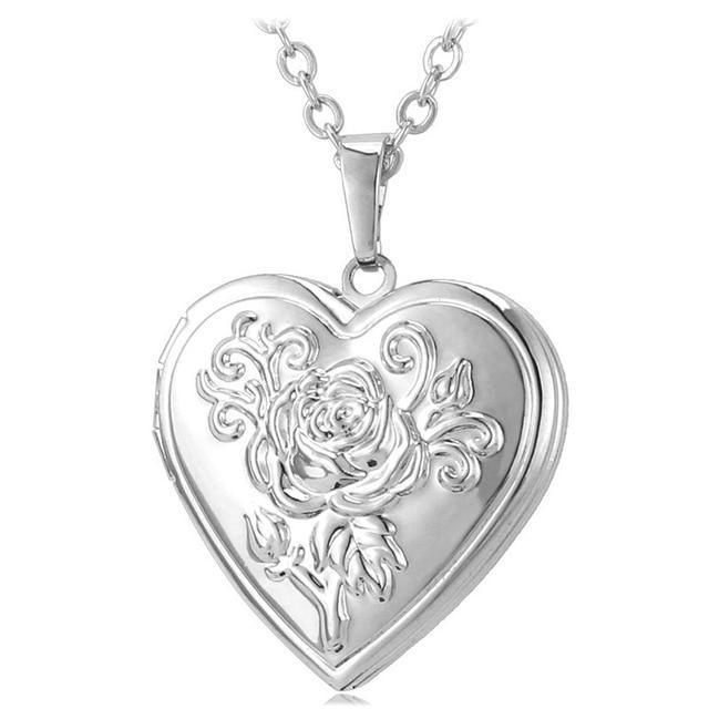 Heart Locket Photo Frame Necklace Pendant Necklaces U 7 Official Store Rose silver