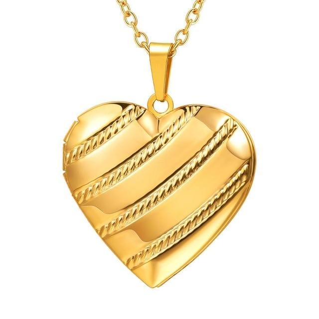 Heart Locket Photo Frame Necklace Pendant Necklaces U 7 Official Store Stripes gold