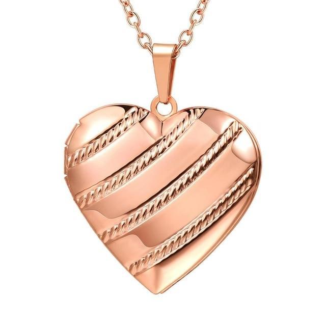 Heart Locket Photo Frame Necklace Pendant Necklaces U 7 Official Store Stripes rose gold