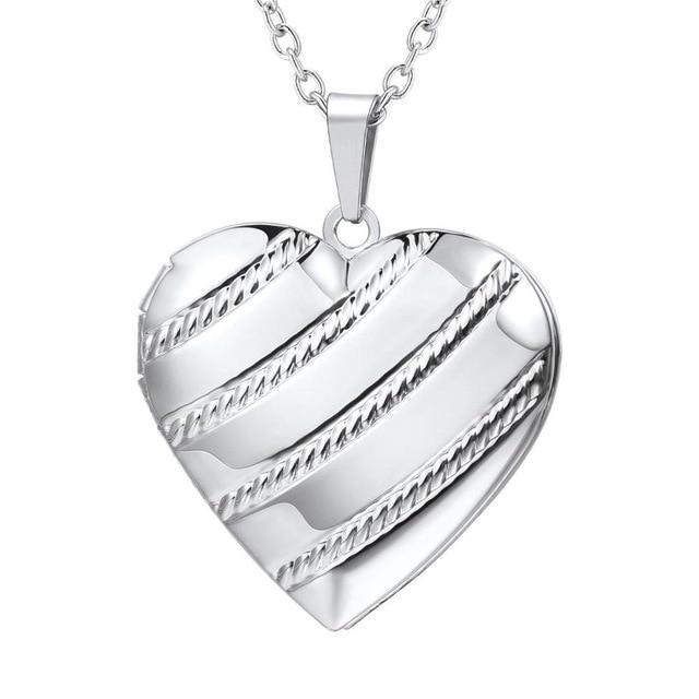 Heart Locket Photo Frame Necklace Pendant Necklaces U 7 Official Store Stripes silver