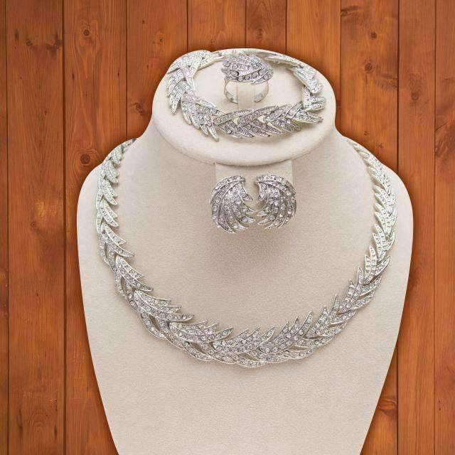 Leaf Pattern Silver Plated Crystal Bridal Jewelry Sets For Women Bridal Jewelry Sets Carol Jewelry