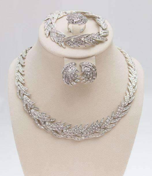 Leaf Pattern Silver Plated Crystal Bridal Jewelry Sets For Women Bridal Jewelry Sets Carol Jewelry Default Title