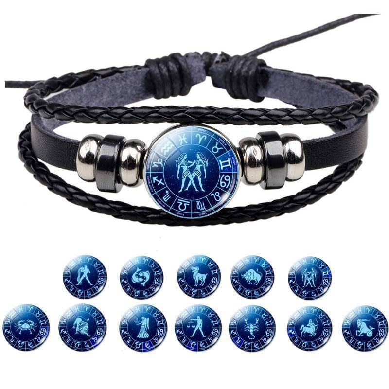 Leather Braided Bracelet with Zodiac Sign Button Wrap Bracelets ESSPOC AngelJewelry Store
