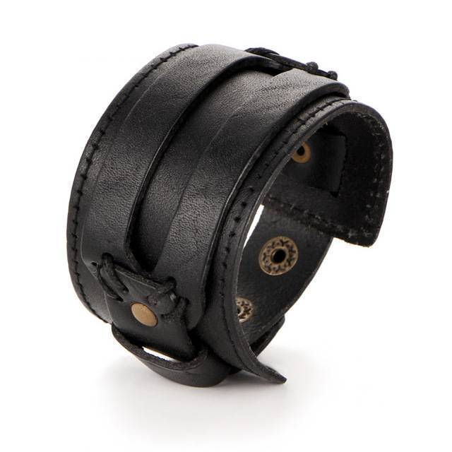Leather Double Wide Cuff Rope Bracelet Wrap Bracelets IF ME Official Store Black