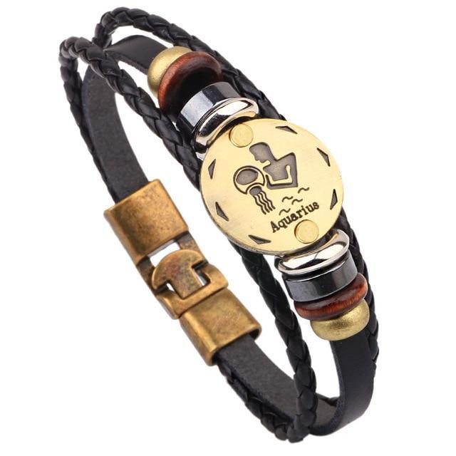 Leather Handmade Bracelet with Zodiac Sign Design Wrap Bracelets Lisa Trendy Styles Store Aquarius