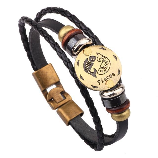 Leather Handmade Bracelet with Zodiac Sign Design Wrap Bracelets Lisa Trendy Styles Store Pisces