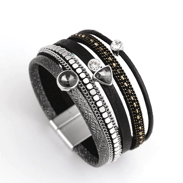 Leather Multilayer Bracelets with Rhinestone Wrap Bracelets Amorcome Official Store Black