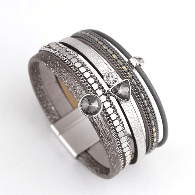 Leather Multilayer Bracelets with Rhinestone Wrap Bracelets Amorcome Official Store Gray