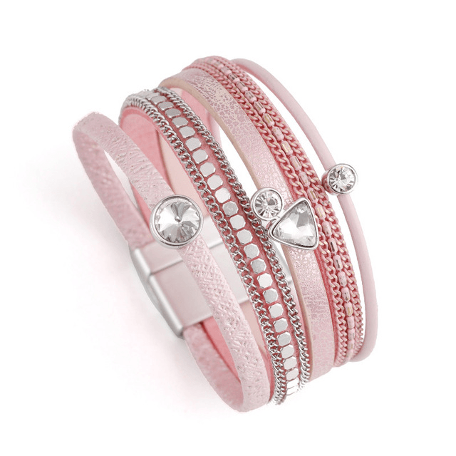 Leather Multilayer Bracelets with Rhinestone Wrap Bracelets Amorcome Official Store Pink