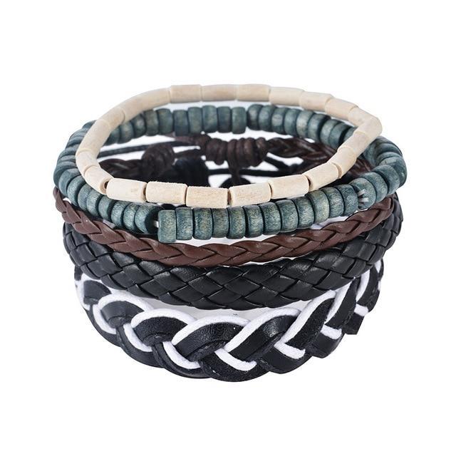 Leather Rope Bracelet with Wood Beads Wrap Bracelets Design Zone Store E 5PCS
