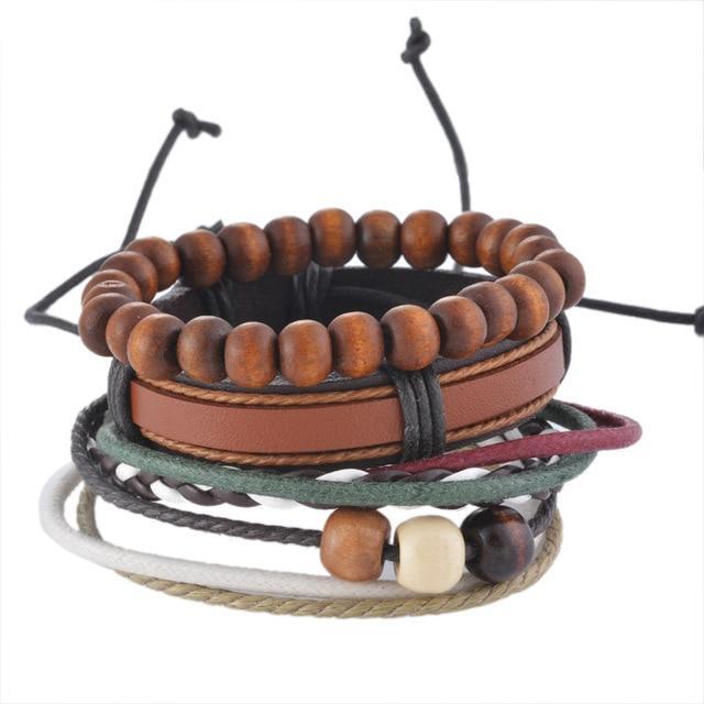 Leather Rope Bracelet with Wood Beads Wrap Bracelets Design Zone Store H 3PCS