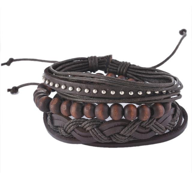 Leather Rope Bracelet with Wood Beads Wrap Bracelets Design Zone Store I 3PCS