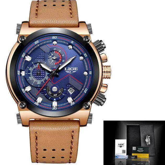 Leather Waterproof Automatic Date Quartz Watch For Men Quartz Watches LIGE-02 Store Leather gold blue
