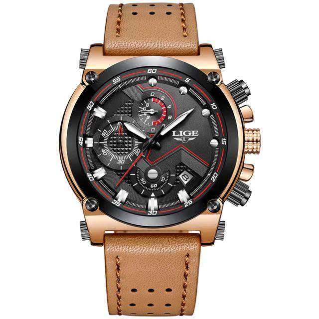 Leather Waterproof Automatic Date Quartz Watch For Men Quartz Watches LIGE-02 Store Leather gold brown