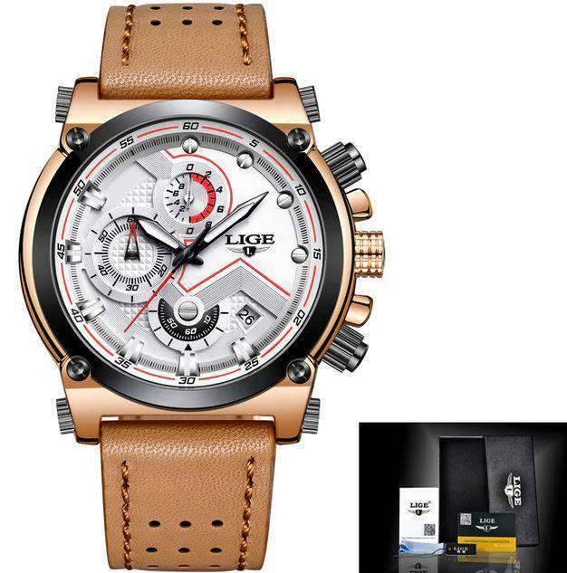 Leather Waterproof Automatic Date Quartz Watch For Men Quartz Watches LIGE-02 Store Silver brown white