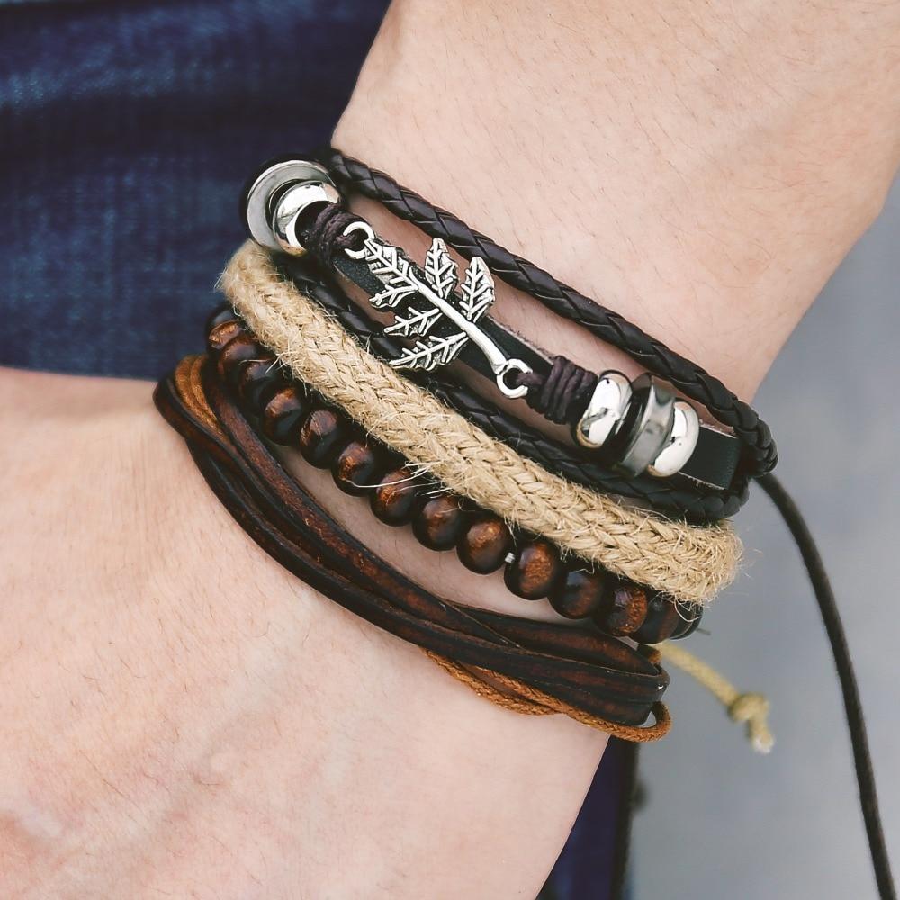 Leather Wood Bead Bracelet with Braided Rope Design Wrap Bracelets IF ME Official Store