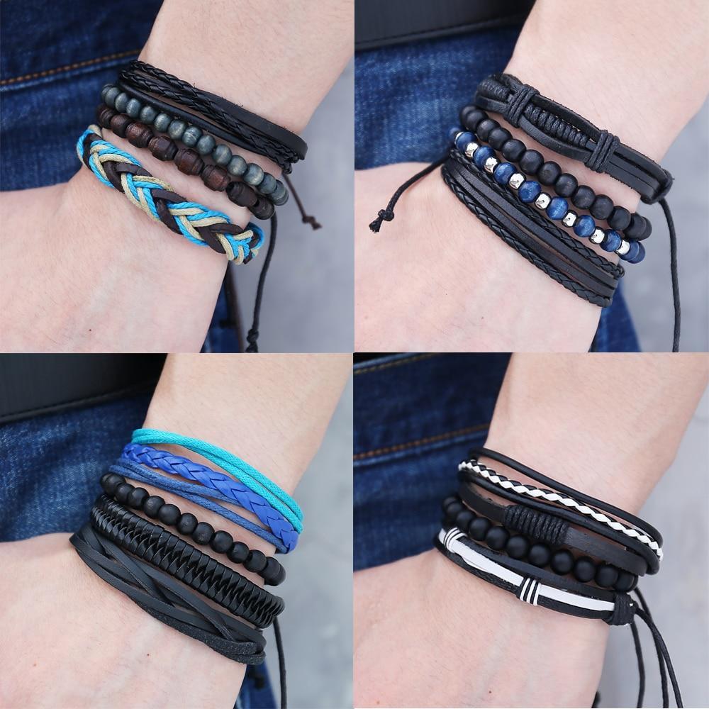 Leather Wood Bead Bracelet with Braided Rope Design Wrap Bracelets IF ME Official Store