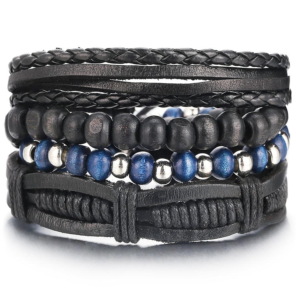 Leather Wood Bead Bracelet with Braided Rope Design Wrap Bracelets IF ME Official Store