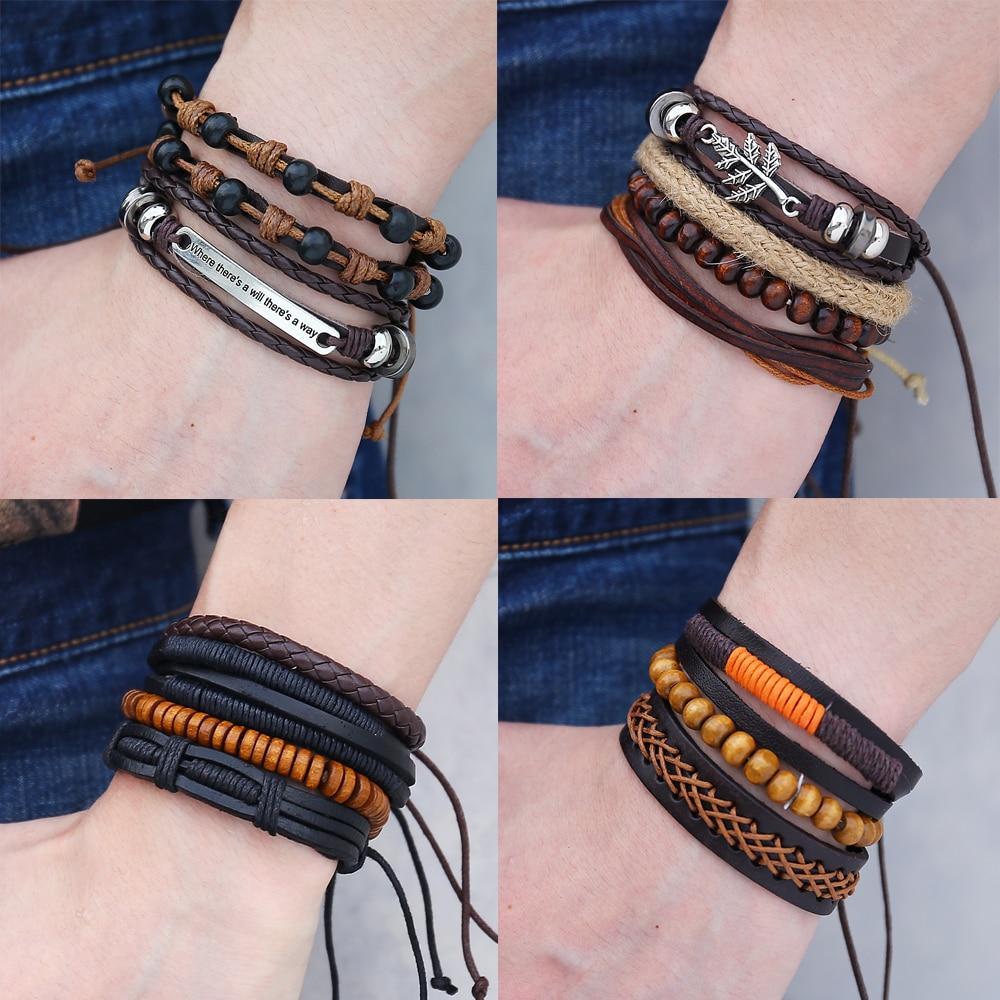 Leather Wood Bead Bracelet with Braided Rope Design Wrap Bracelets IF ME Official Store