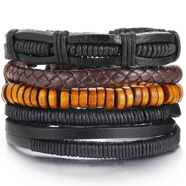 Leather Wood Bead Bracelet with Braided Rope Design Wrap Bracelets IF ME Official Store FDY985