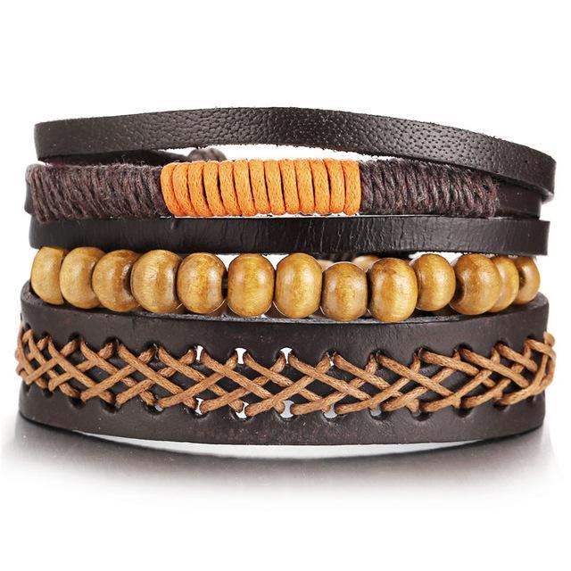 Leather Wood Bead Bracelet with Braided Rope Design Wrap Bracelets IF ME Official Store FDY988