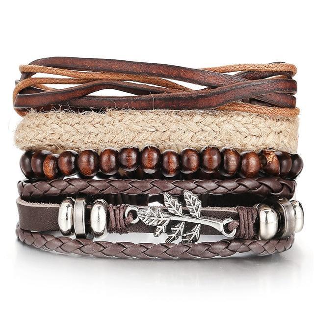 Leather Wood Bead Bracelet with Braided Rope Design Wrap Bracelets IF ME Official Store FDY991