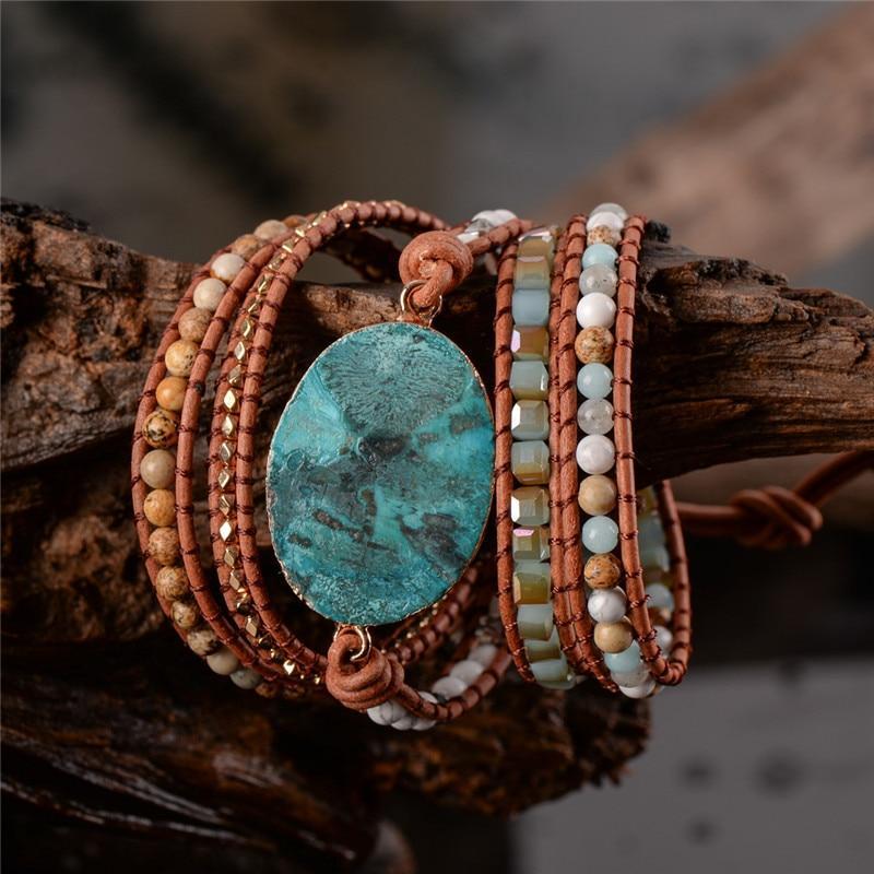 Leather Wrap Bracelet with Huge Ocean Stone Design Wrap Bracelets YGLINE Store