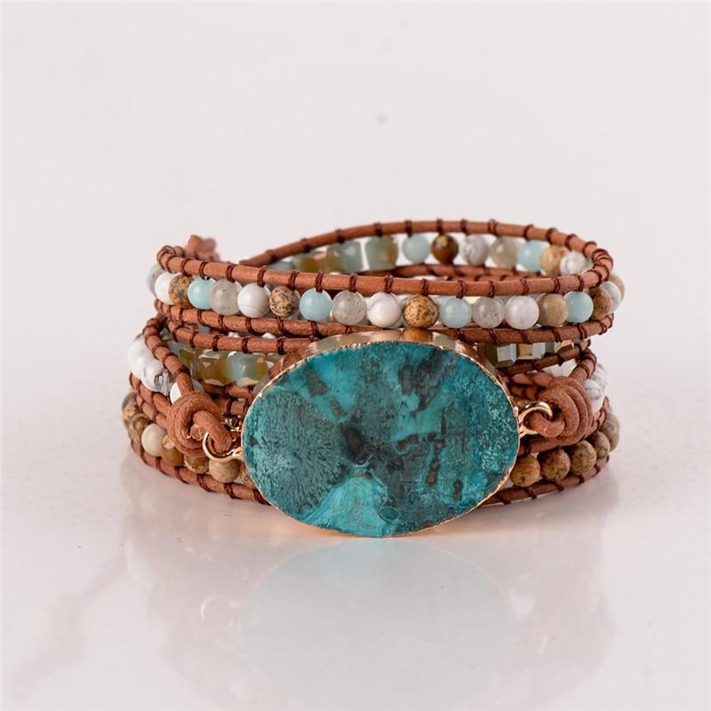 Leather Wrap Bracelet with Huge Ocean Stone Design Wrap Bracelets YGLINE Store