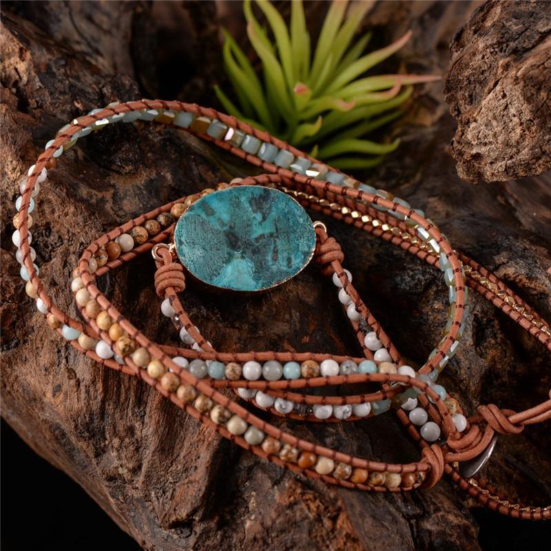 Leather Wrap Bracelet with Huge Ocean Stone Design Wrap Bracelets YGLINE Store