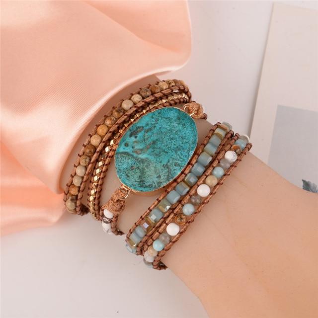 Leather Wrap Bracelet with Huge Ocean Stone Design Wrap Bracelets YGLINE Store non-leather