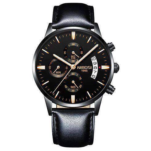 Military Fashion Anti Magnetic Casual Dress Quartz Watch For Men Quartz Watches NIBOSI Official Store Black Rose Leather