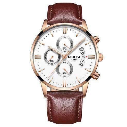 Military Fashion Anti Magnetic Casual Dress Quartz Watch For Men Quartz Watches NIBOSI Official Store Rose White Leather