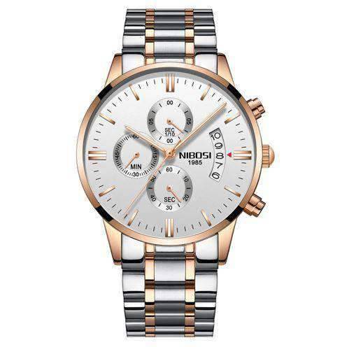 Military Fashion Anti Magnetic Casual Dress Quartz Watch For Men Quartz Watches NIBOSI Official Store RoseGold White Steel