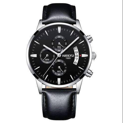 Military Fashion Anti Magnetic Casual Dress Quartz Watch For Men Quartz Watches NIBOSI Official Store Silver Black Leather