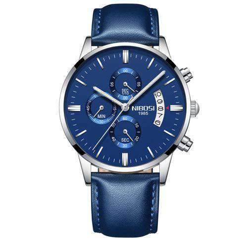 Military Fashion Anti Magnetic Casual Dress Quartz Watch For Men Quartz Watches NIBOSI Official Store Silver Blue Leather