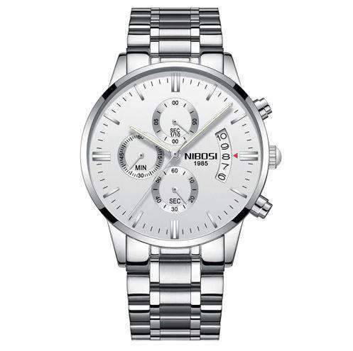 Military Fashion Anti Magnetic Casual Dress Quartz Watch For Men Quartz Watches NIBOSI Official Store Silver White Steel