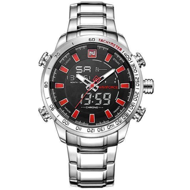 Military LED Display Stainless Steel Quartz Watch For Men Quartz Watches damon zone Store Silver Red