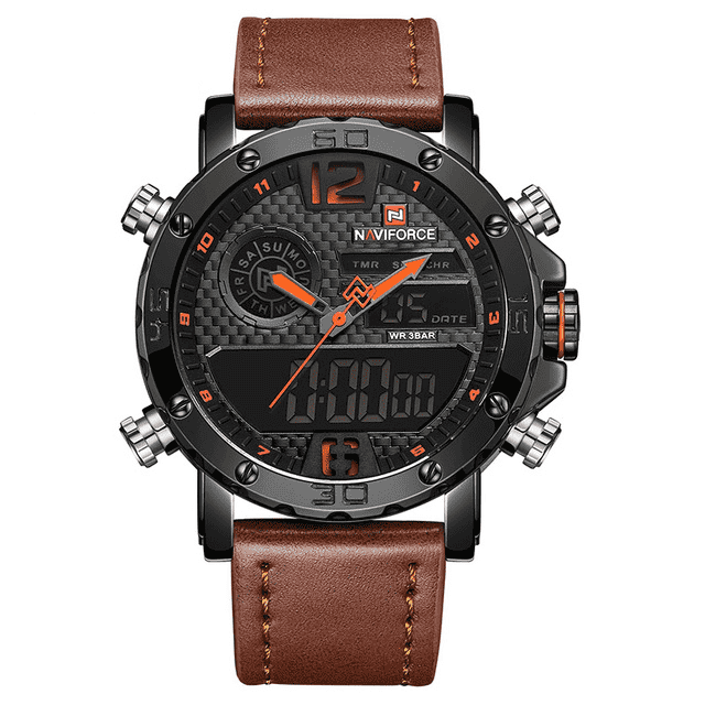 Military LED Leather Strap Waterproof Quartz Watch For Men Quartz Watches NAVIFORCE Outlets Store Black Orange