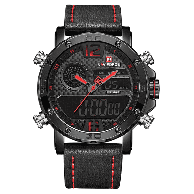 Military LED Leather Strap Waterproof Quartz Watch For Men Quartz Watches NAVIFORCE Outlets Store Black Red
