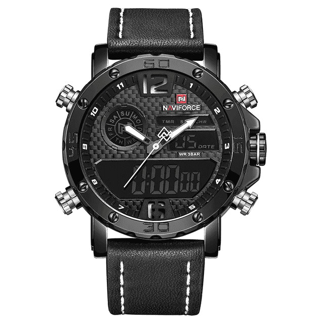Military LED Leather Strap Waterproof Quartz Watch For Men Quartz Watches NAVIFORCE Outlets Store Black White