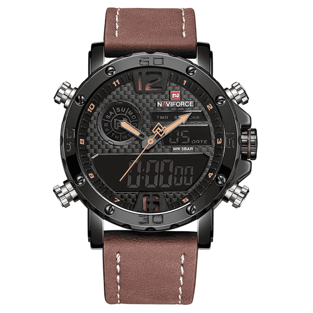 Military LED Leather Strap Waterproof Quartz Watch For Men Quartz Watches NAVIFORCE Outlets Store Black Yellow
