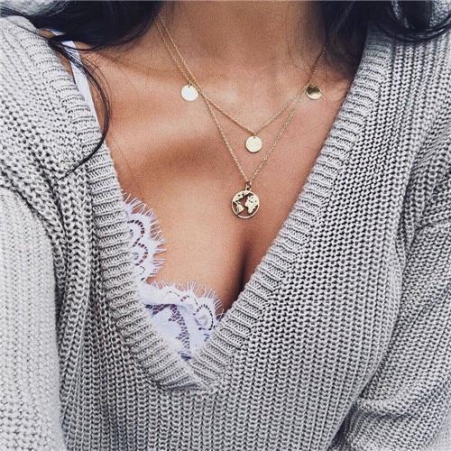 Multilayer Carved Coin Necklace Chain Necklaces AY A Store FOV79151