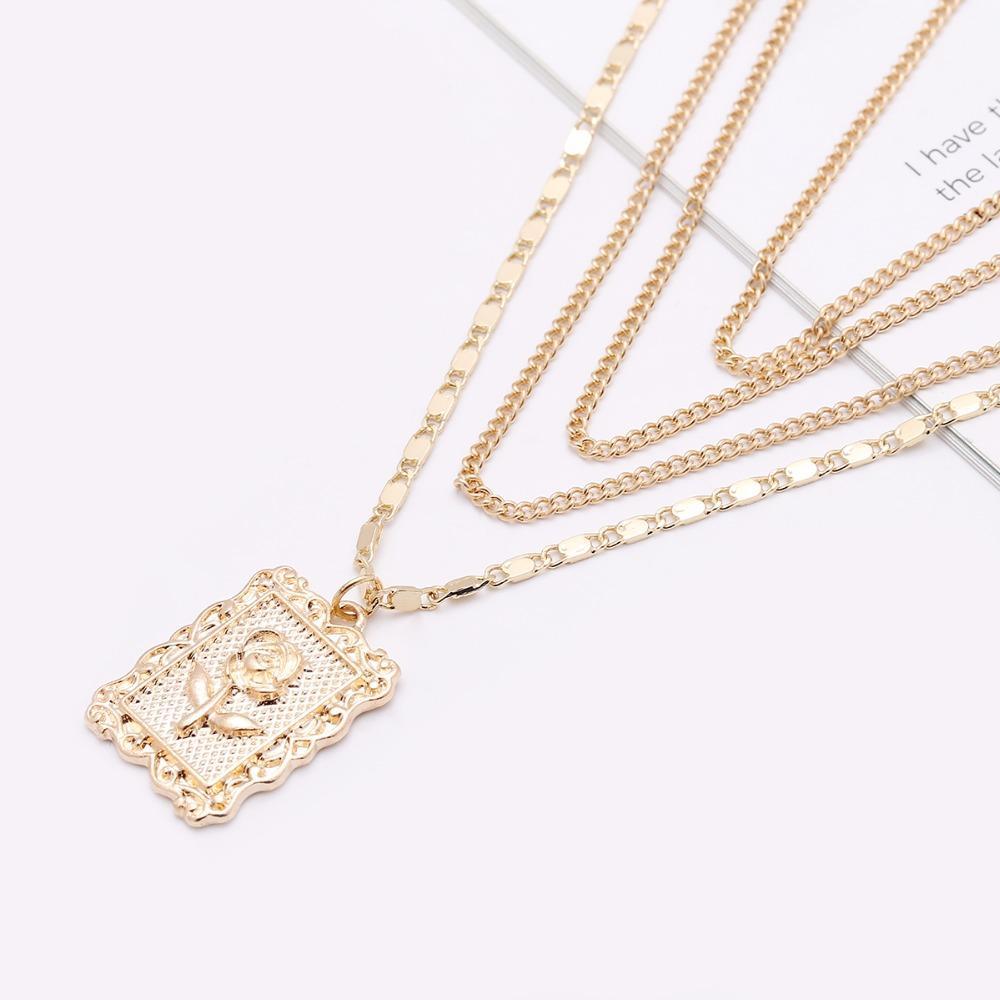 Multilayer Square Rose Pattern Necklace Pendant Necklaces Ingemark Official Store