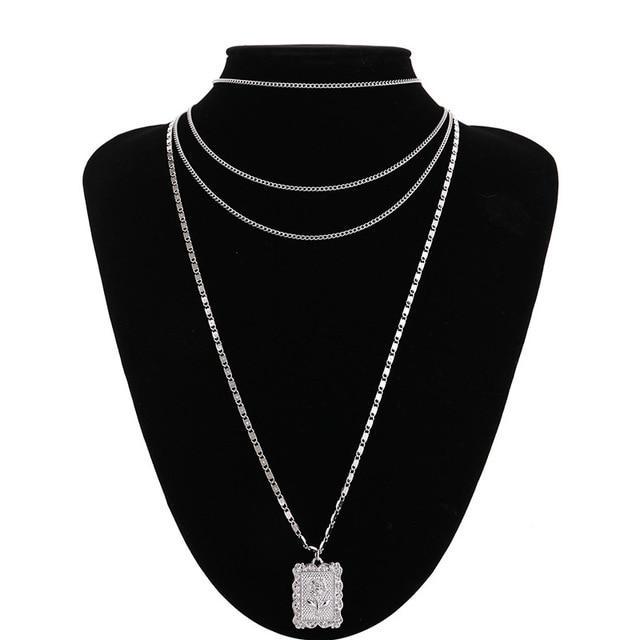 Multilayer Square Rose Pattern Necklace Pendant Necklaces Ingemark Official Store Silver Color