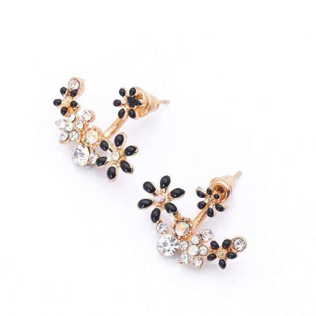 Pin Push Back Stud Earrings For Women With Floral Crystal Top Stud Earrings IFKM Speciality Store Black white