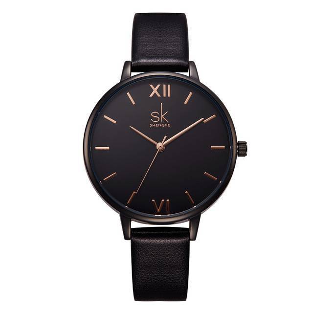 Shock Resistant Leather Quartz Strap Watch Women's Watches shengke Official Store black