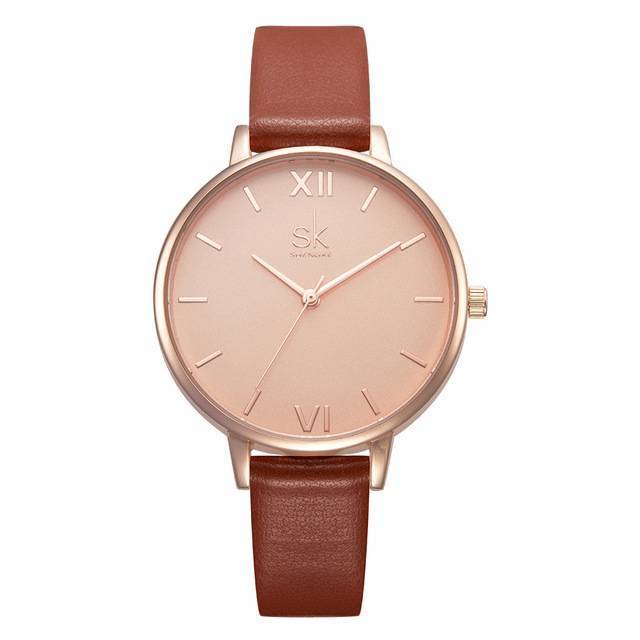 Shock Resistant Leather Quartz Strap Watch Women's Watches shengke Official Store brown