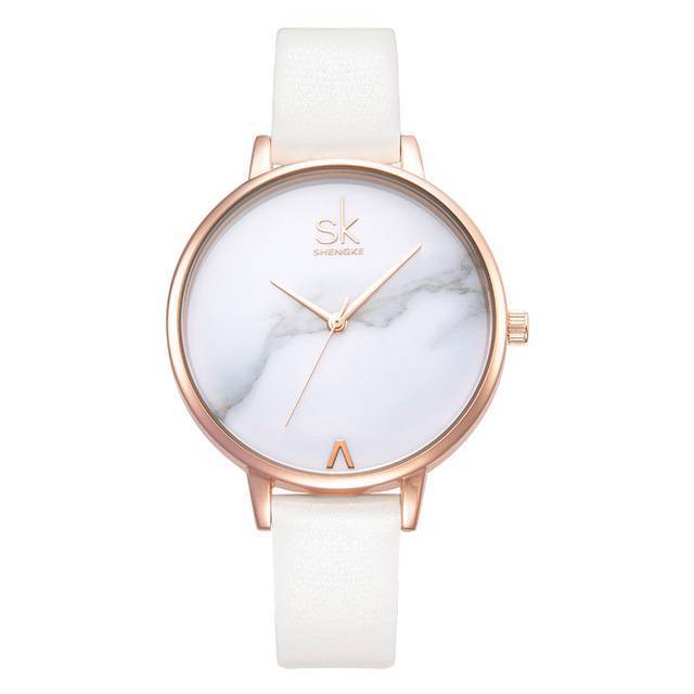 Shock Resistant Leather Quartz Strap Watch Women's Watches shengke Official Store white